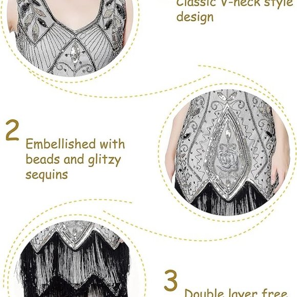 1920s Gatsby Inspired Rose and Leaves Sequin Flapper Dress (XL) - Picture 4 of 14